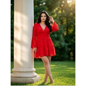 BloomChic Red V-Neck Tiered Mini Dress with Bell Sleeves